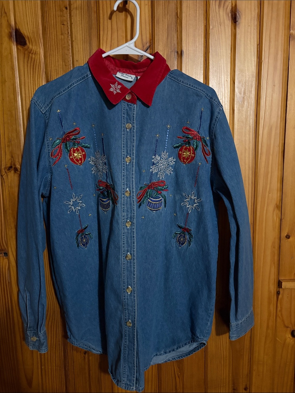 Bobbie Brooks Blue Denim Button-Front Shirt with Red Corduroy Collar